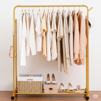 Multi-Functional Double Rod Rolling Garment Rack Organizer with Shelves & Hooks - Never Used