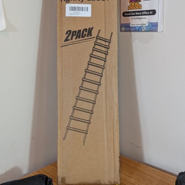 Brown cardboard box for GHB Agility Ladder 2PACK displayed with two sets of yellow ladder rungs and black carrying bags on a wooden surface.